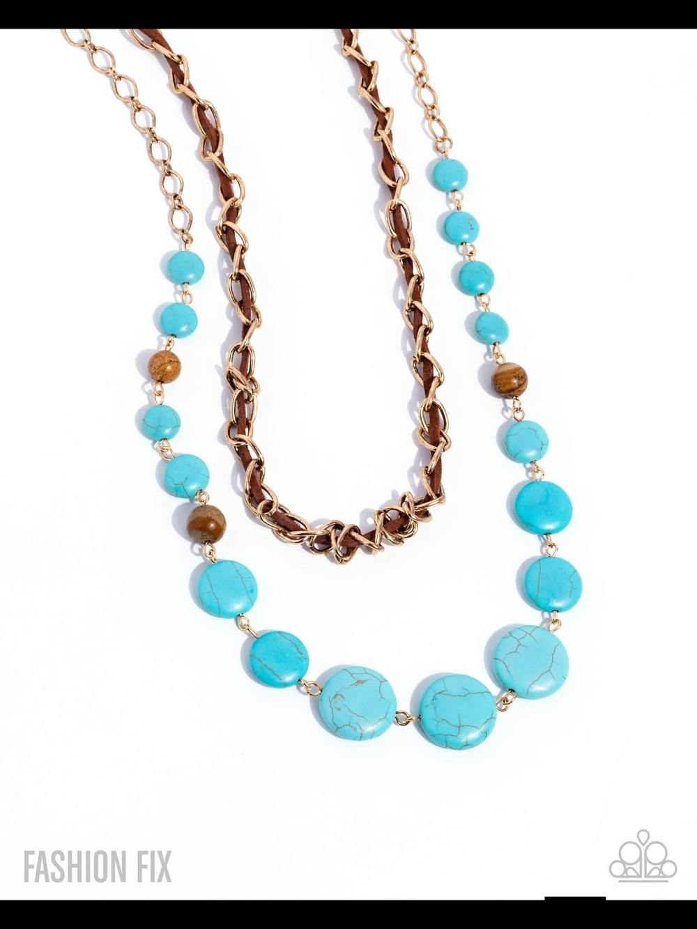 Turquoise Layered Beaded Necklace with Gold-Tone Chain